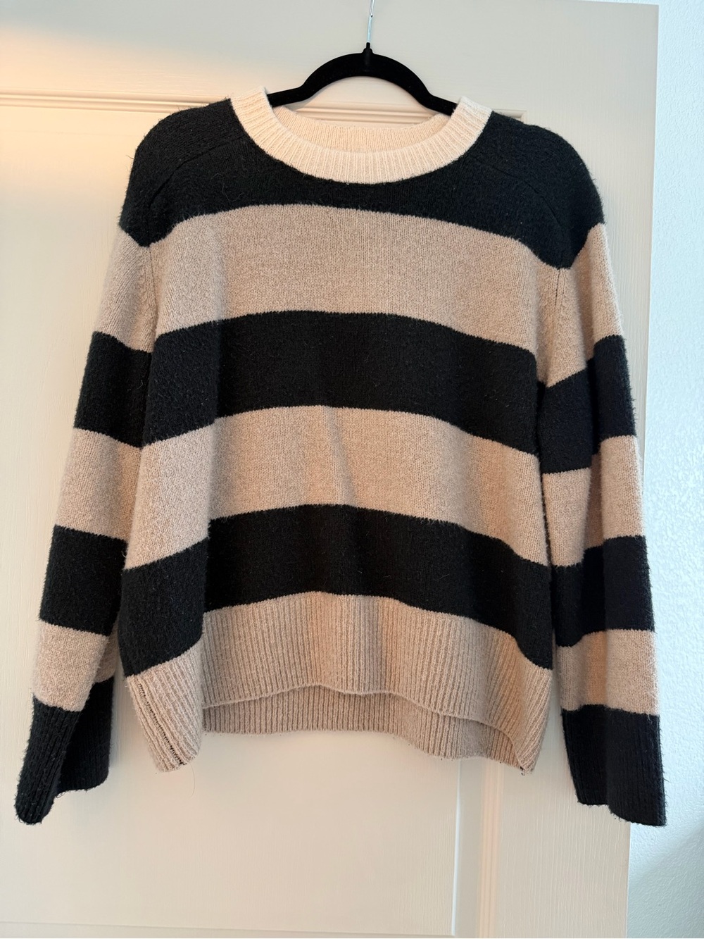 Striped Crewneck Sweater in Black and Cream and Gray